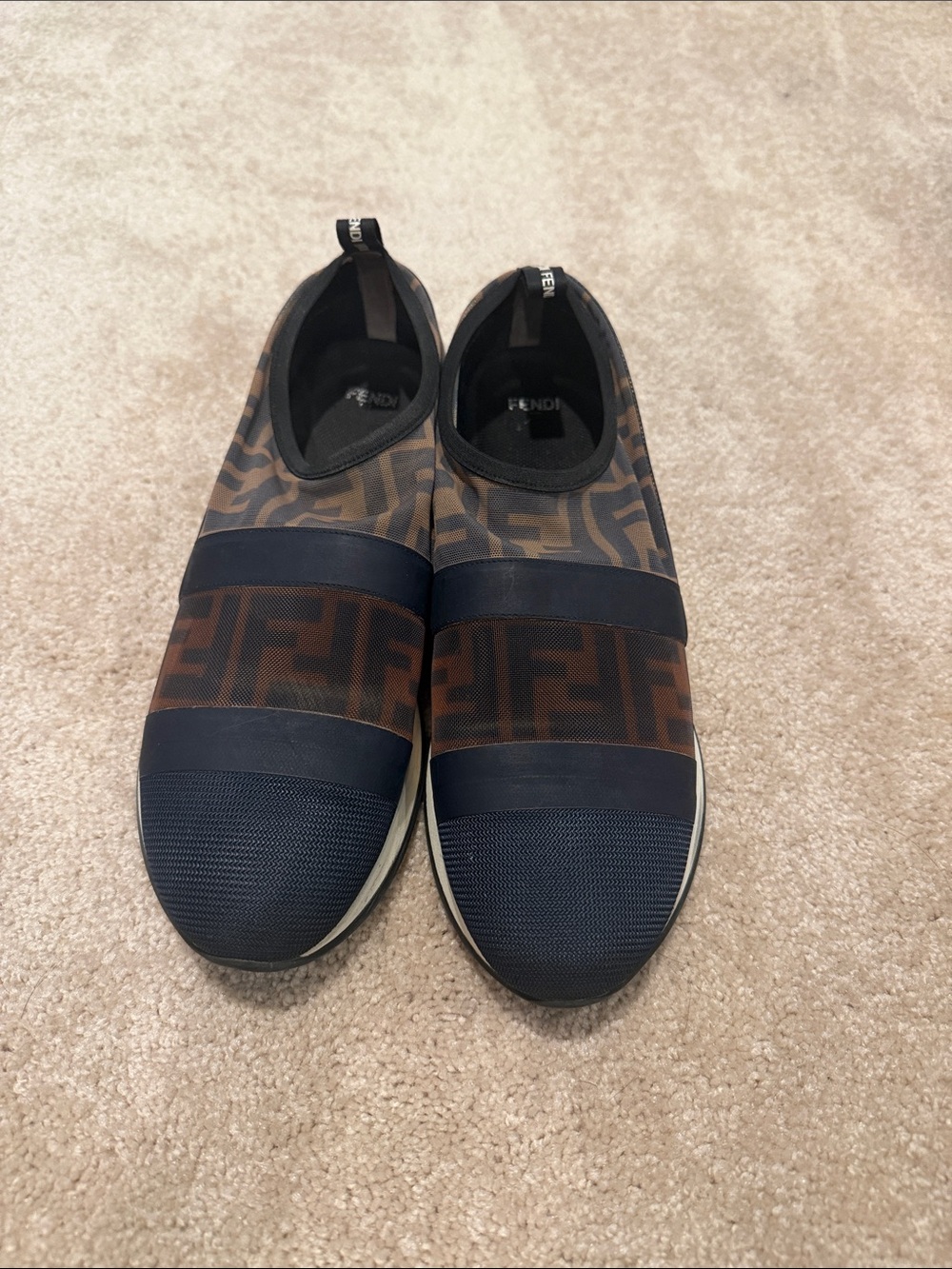 Fendi Brown & Navy FF Logo Slip-On Sneakers